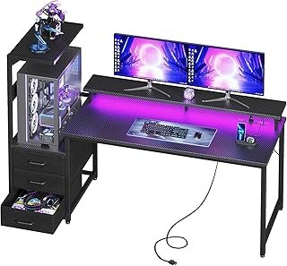 AODK 59 Inch Gaming Desk with LED Light- Reversible Computer Desk with Storage Shelves & Monitor Stand, Modern Gamer Desk Table with Fabric Drawers, Black