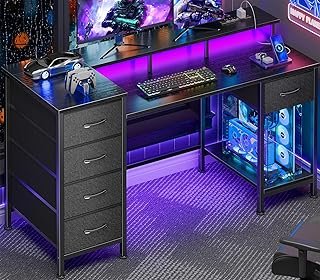 Korfile 47 Inch Gaming Desk with Power Outlets and LED Lights, Reversible Computer Desk with 5 Fabric Storage Drawers, Home Office Desk with Monitor Stand for Working Writing Study, Black