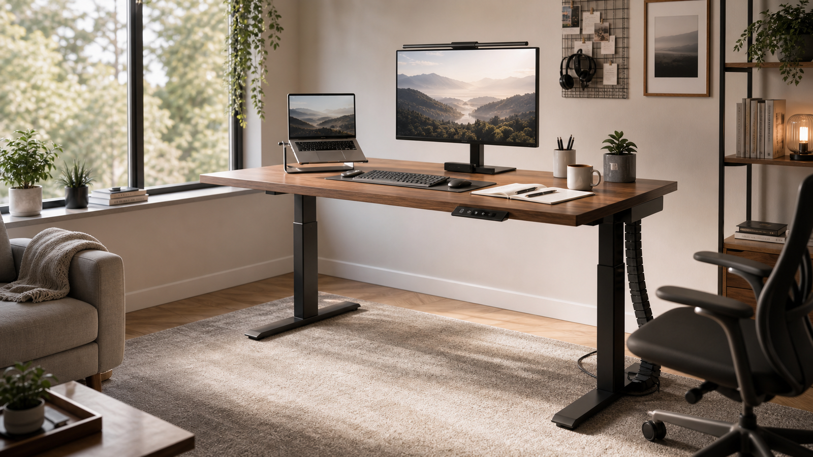 Best adjustable desk cover image showing a practical home office with an electric sit-stand desk