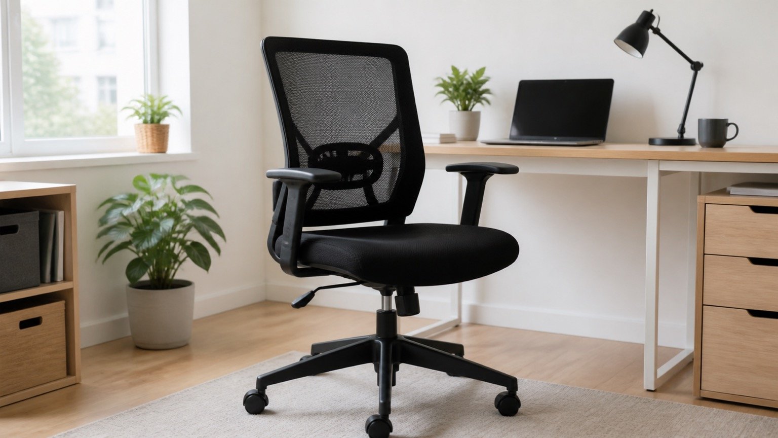 Affordable mesh desk chair in a bright compact home office