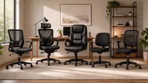Modern home office desk chairs arranged around a workspace