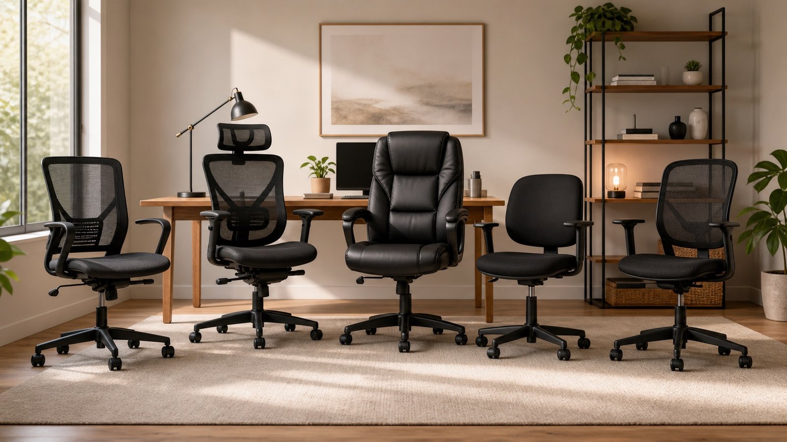 Modern home office desk chairs arranged around a workspace