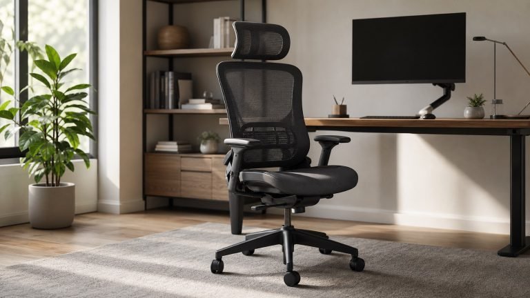Ergonomic desk chair in a calm home office workspace