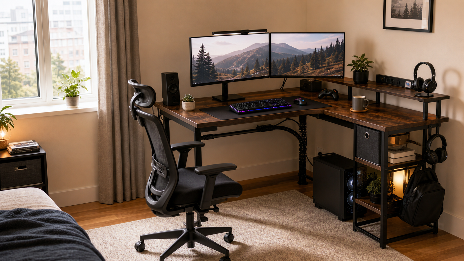 Best gaming desks for under $450 cover image showing a practical gaming desk setup with dual monitors, tidy cables, and useful storage in a small home office