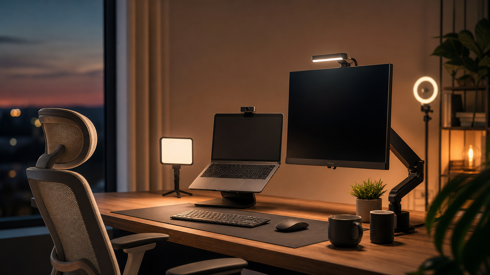Warm modern gaming desk setup in a home battlestation