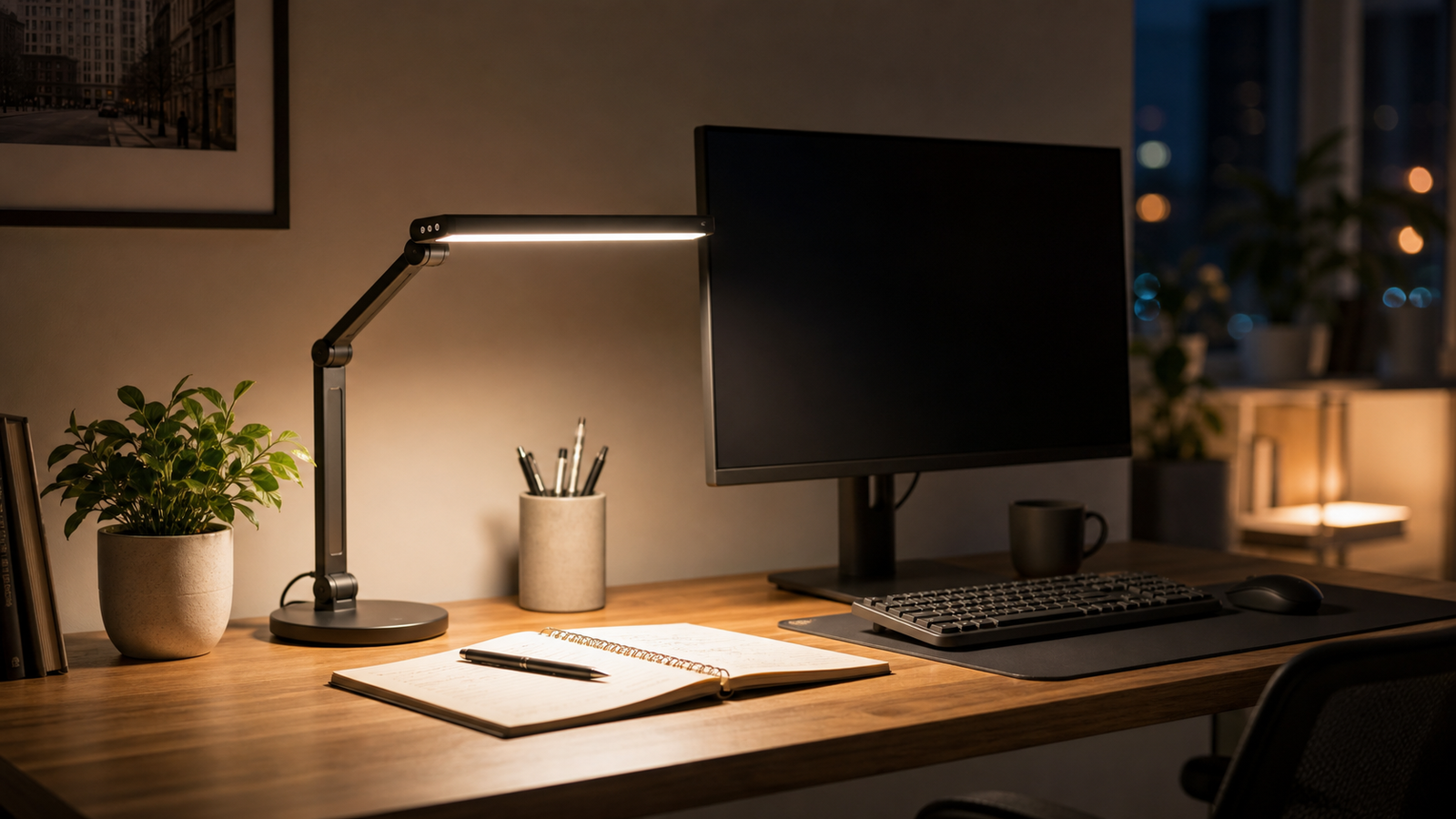 Best LED desk light cover image showing a warm home office desk with an illuminated task lamp and focused evening workspace lighting