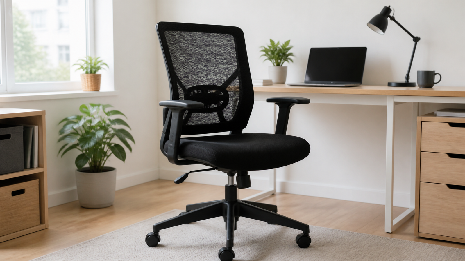 Mesh office chair in a clean home office workspace