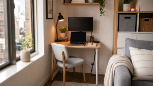 Best tiny desk cover image showing a compact computer desk setup in a small apartment home office corner