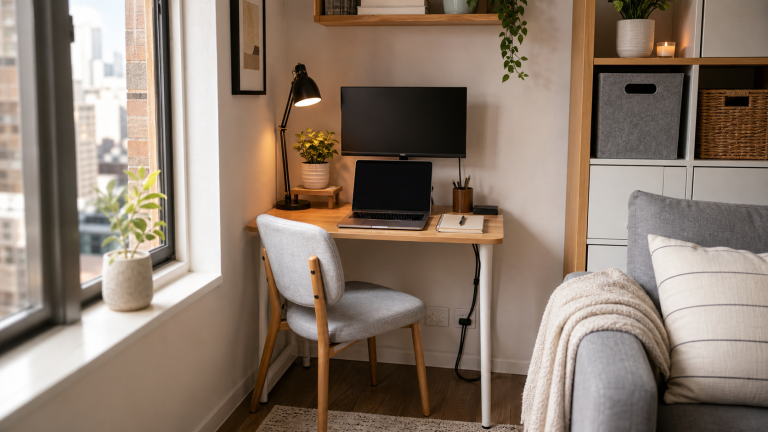 Best tiny desk cover image showing a compact computer desk setup in a small apartment home office corner