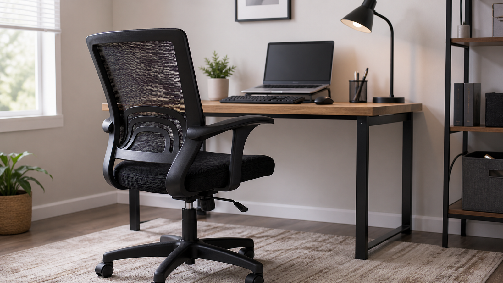 Budget mesh desk chair at a small home office desk