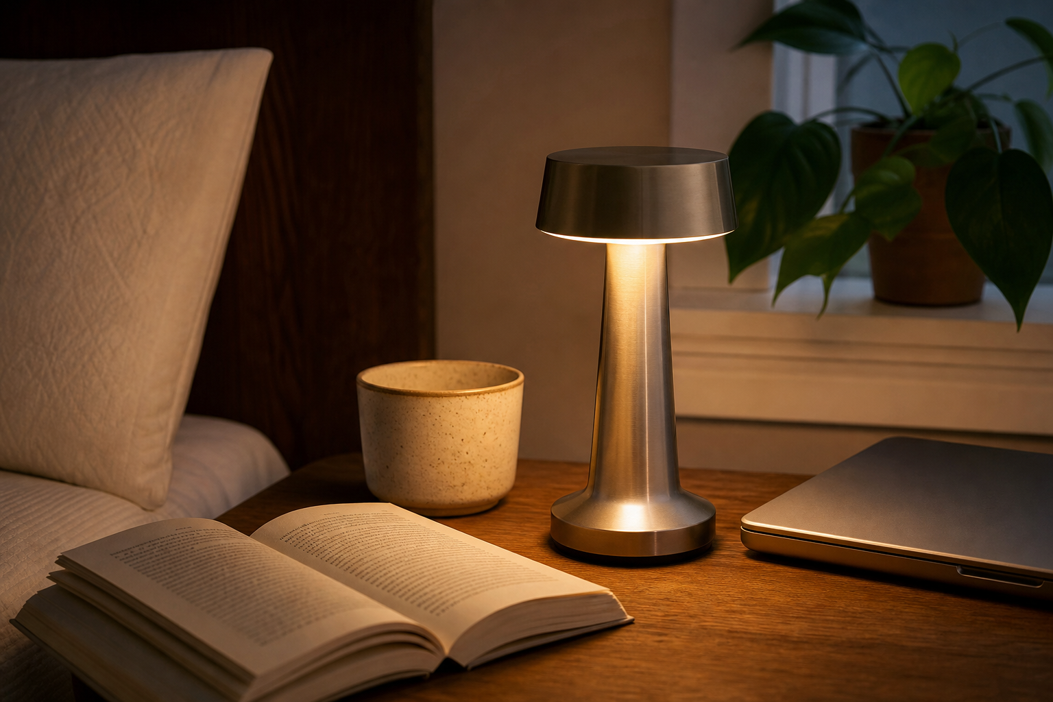 Cordless table lamp used for bedside reading and laptop work