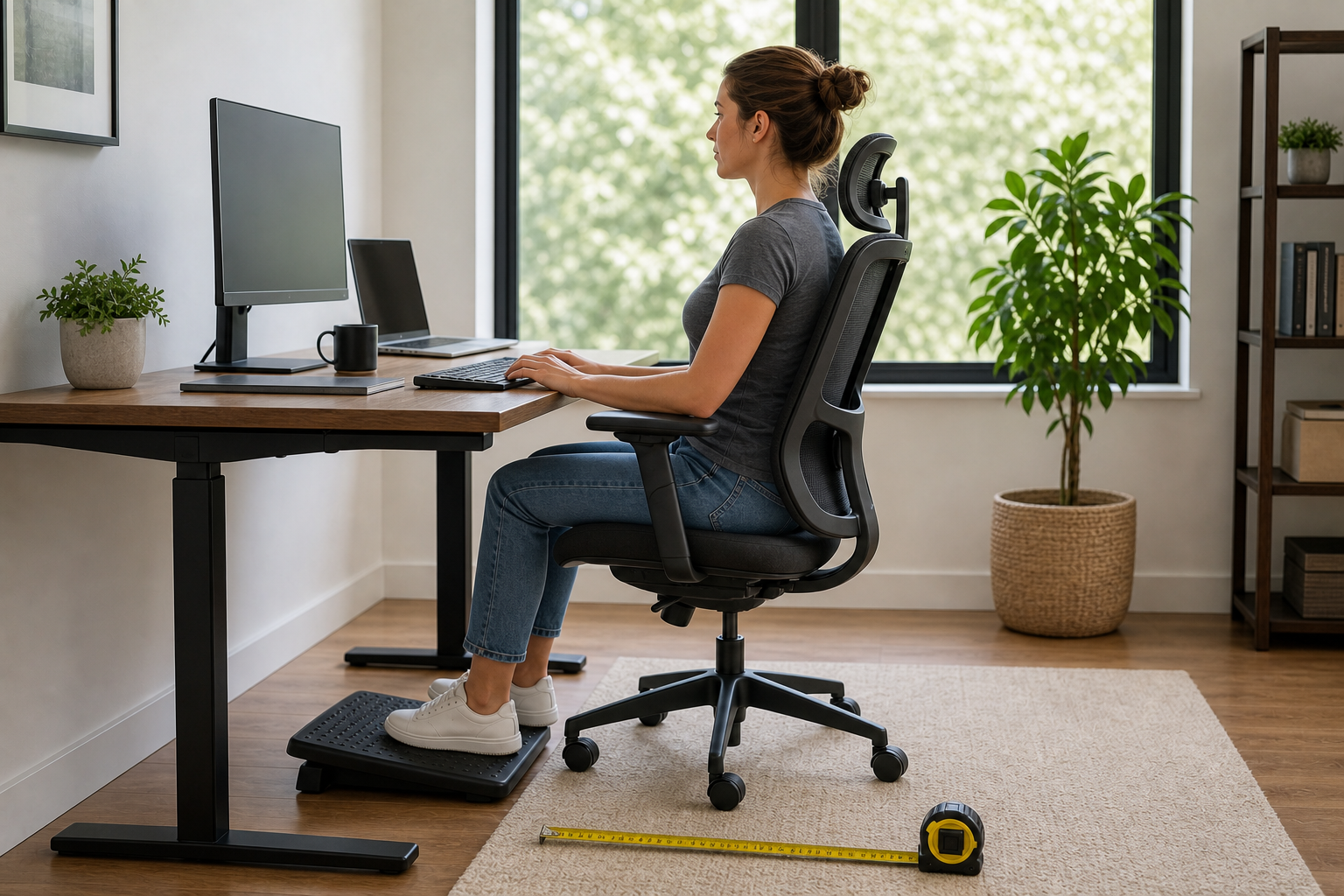 Petite home office chair setup with footrest and adjustable arms