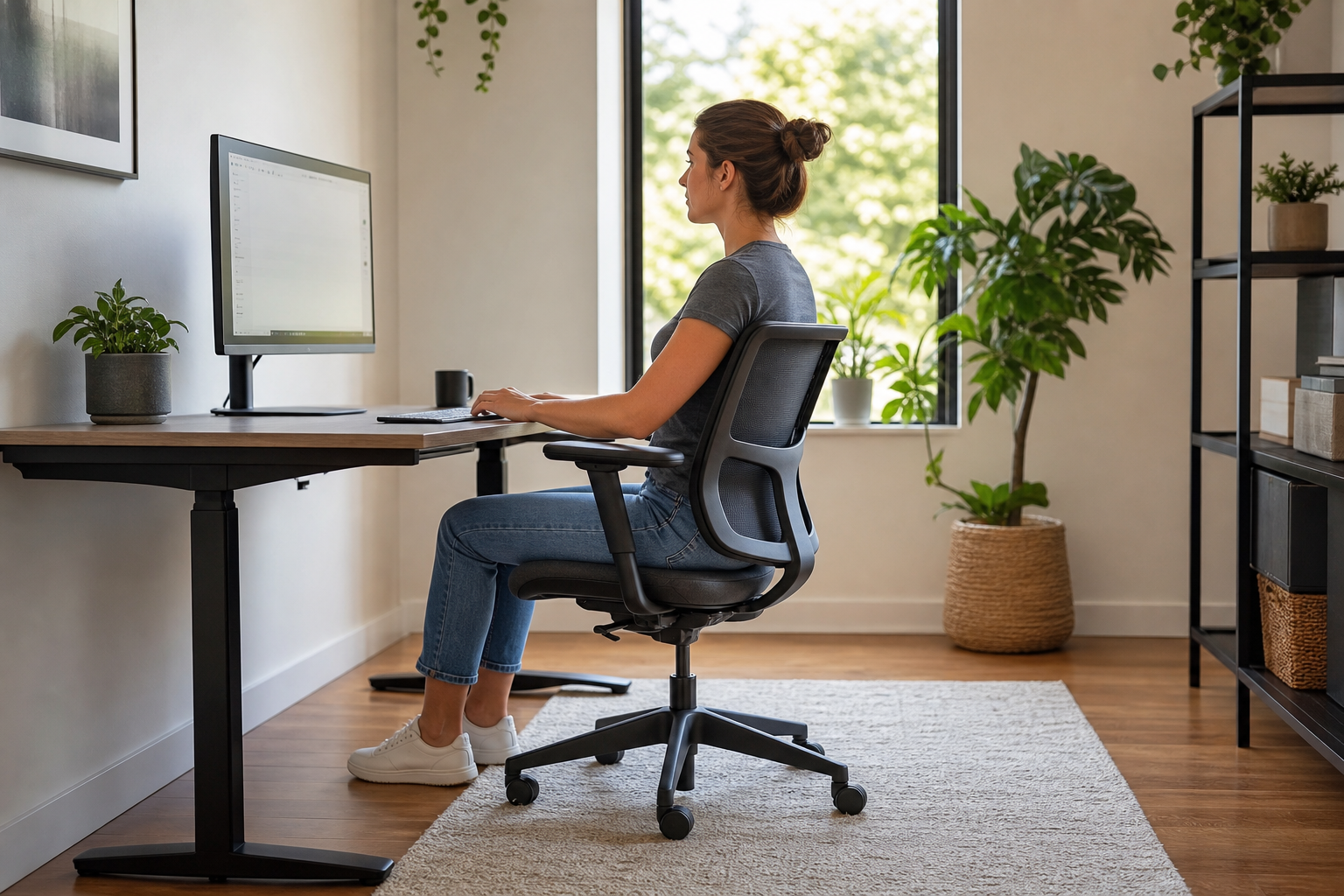 Compact ergonomic chair setup for a shorter home office user