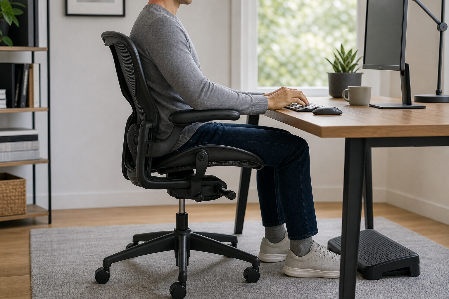 Mesh ergonomic chair adjusted for neutral desk posture
