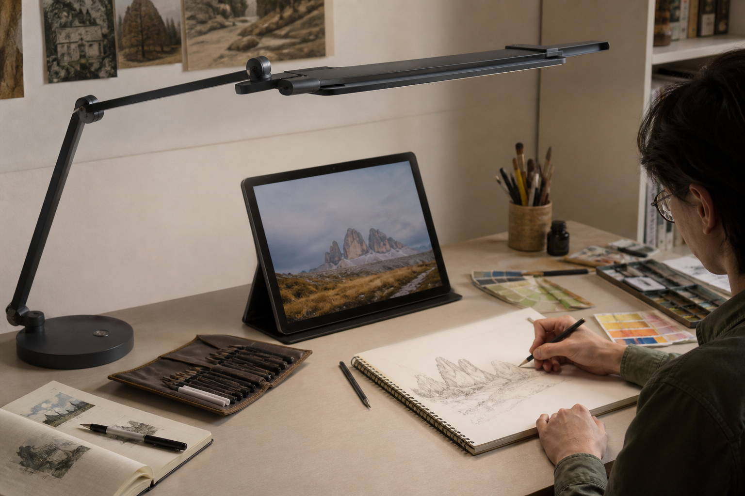 Wide desk lamp lighting a drawing and painting workspace