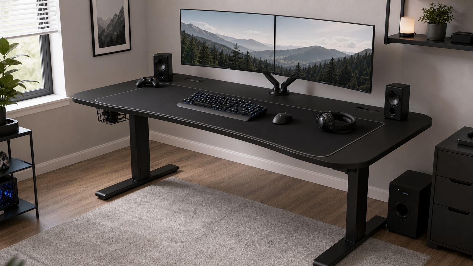 Wide fixed gaming desk with full desk mousepad and dual monitors