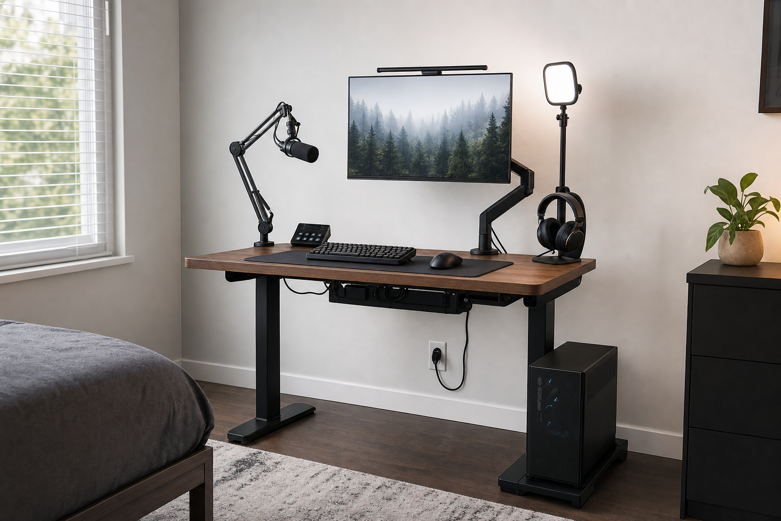 Compact creator gaming desk with monitor arm and tidy cables