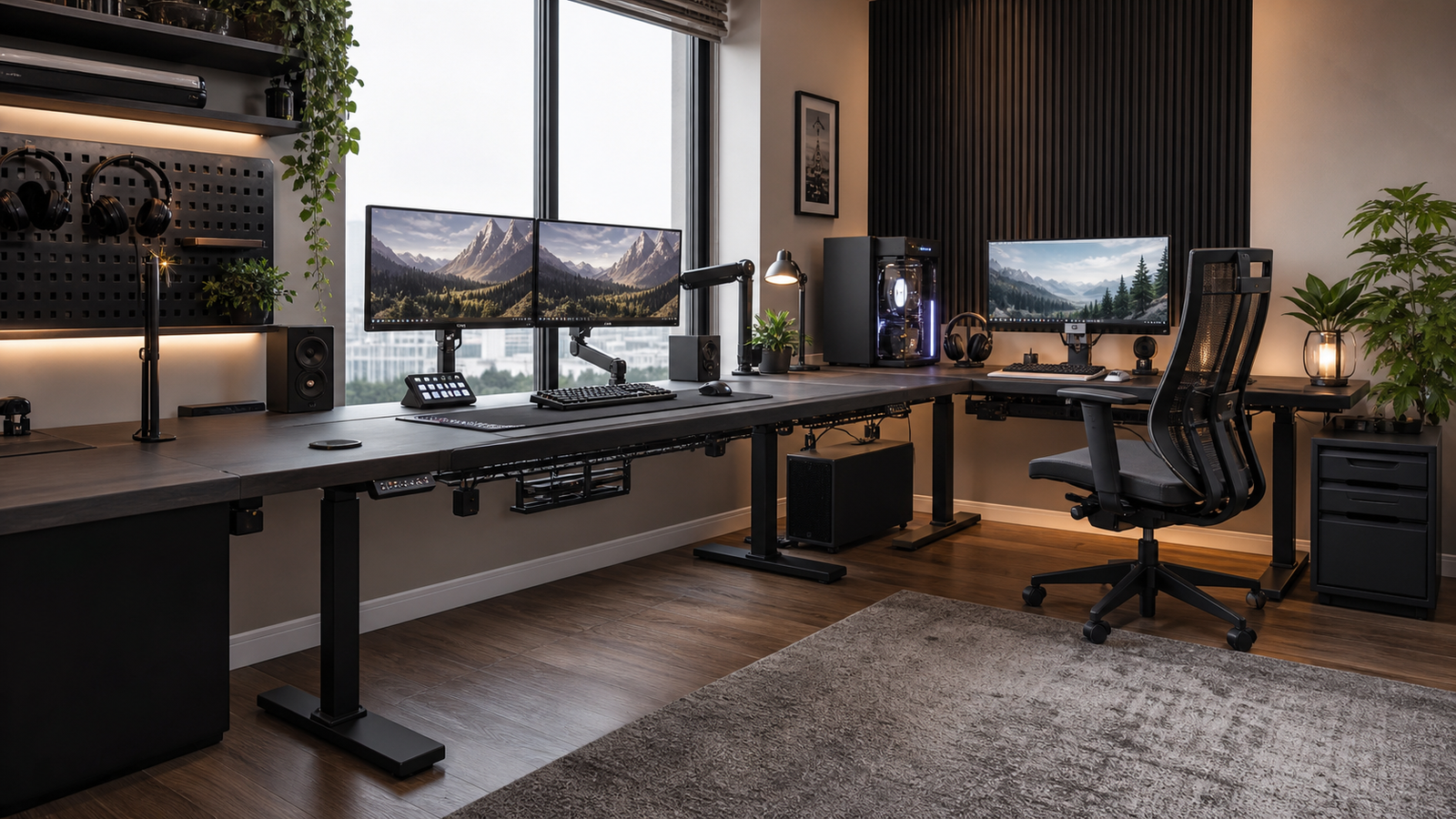 Large gaming desks under $1500 arranged for standing and fixed setups
