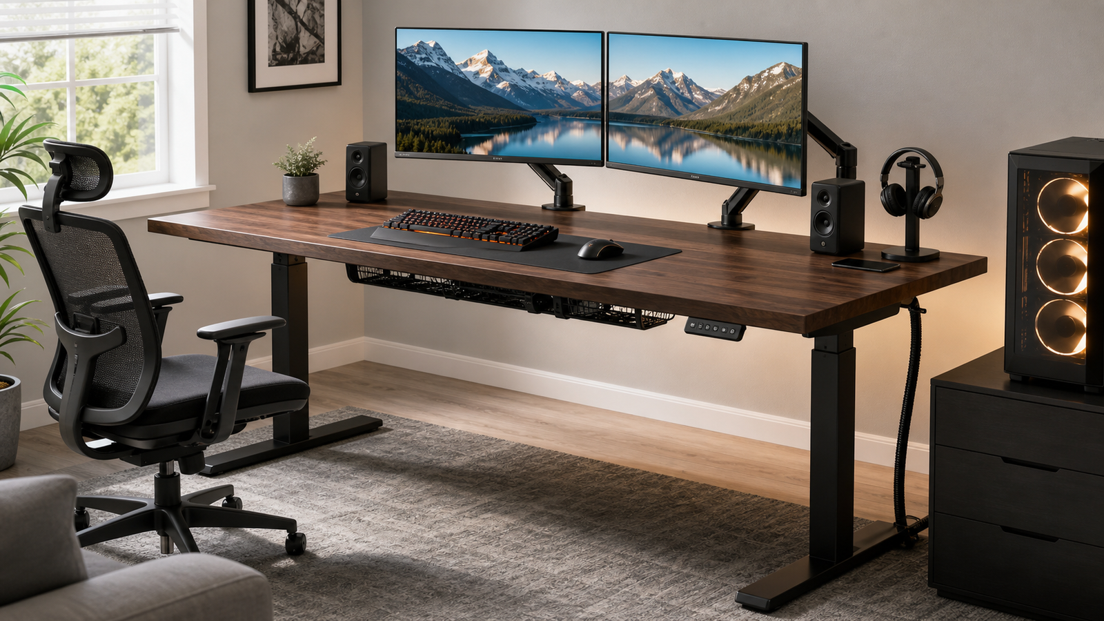 Large dual motor standing gaming desk with monitor arms and cable tray