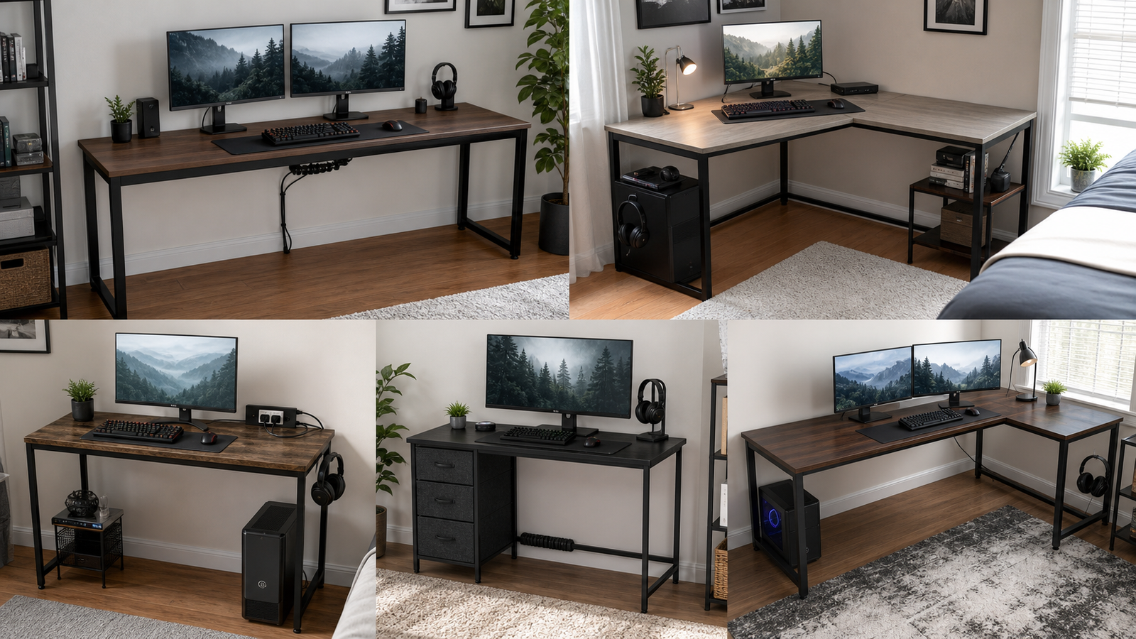 Budget gaming desks under $200 arranged for different room sizes
