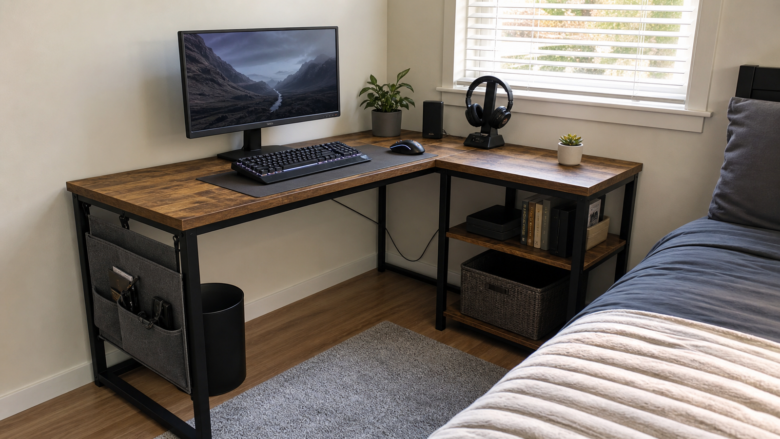 Compact L-shaped gaming desk in a small bedroom corner
