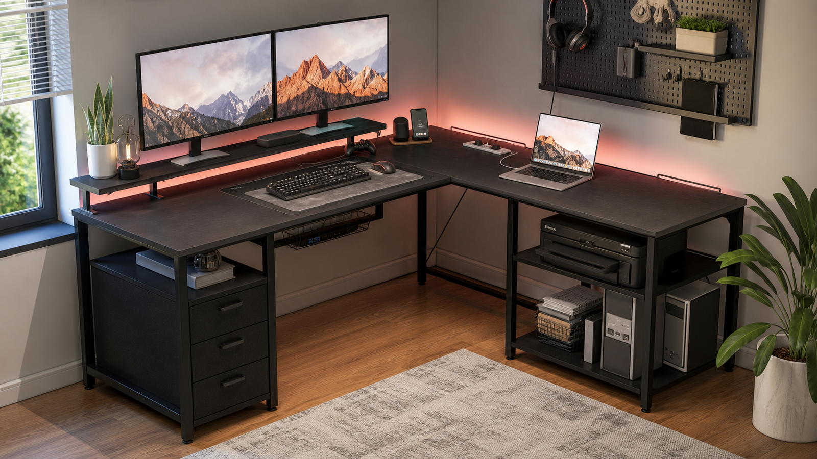 SEDETA style L-shaped gaming desk with drawers and monitor shelf