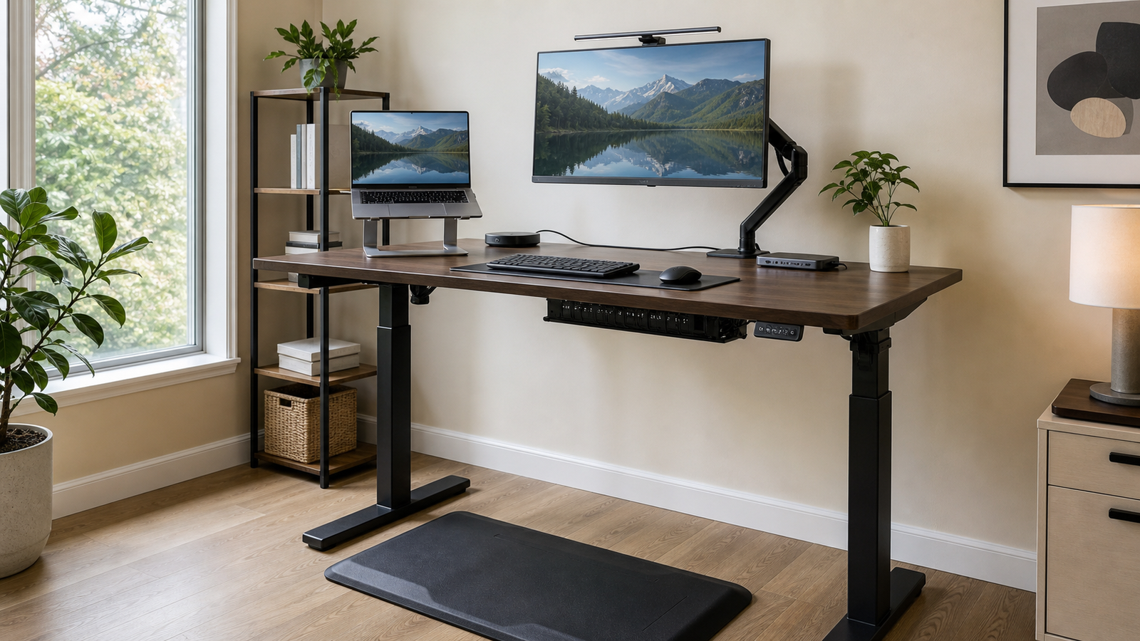 Standing desk setup with monitor arm, mat, cable tray, laptop stand, and desk light