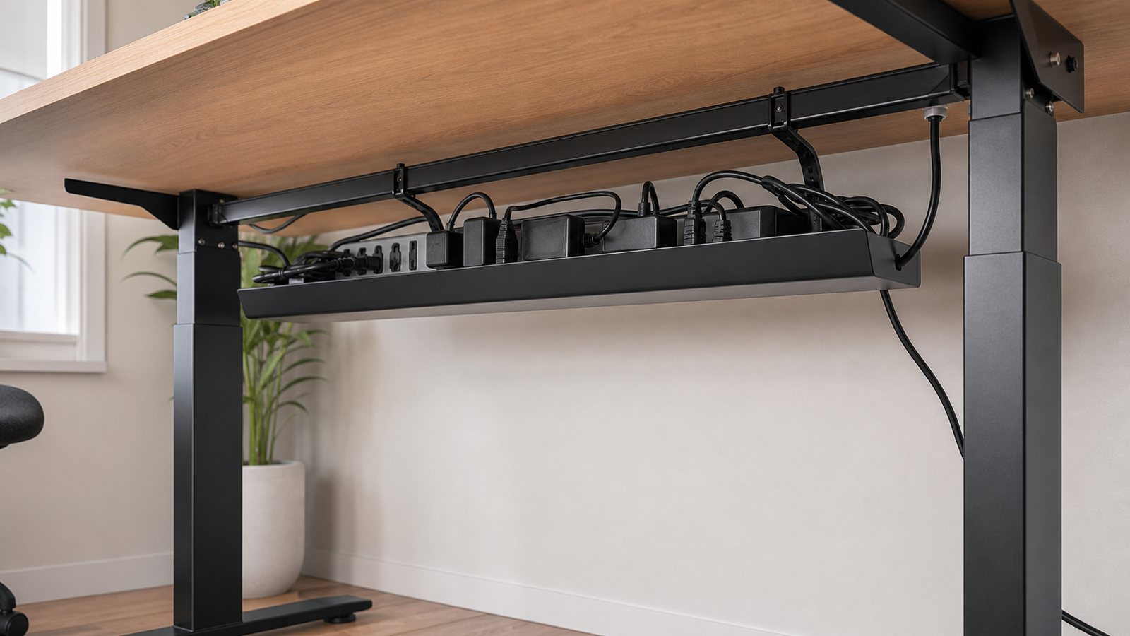 Under-desk cable tray holding a power strip and organized standing desk cables