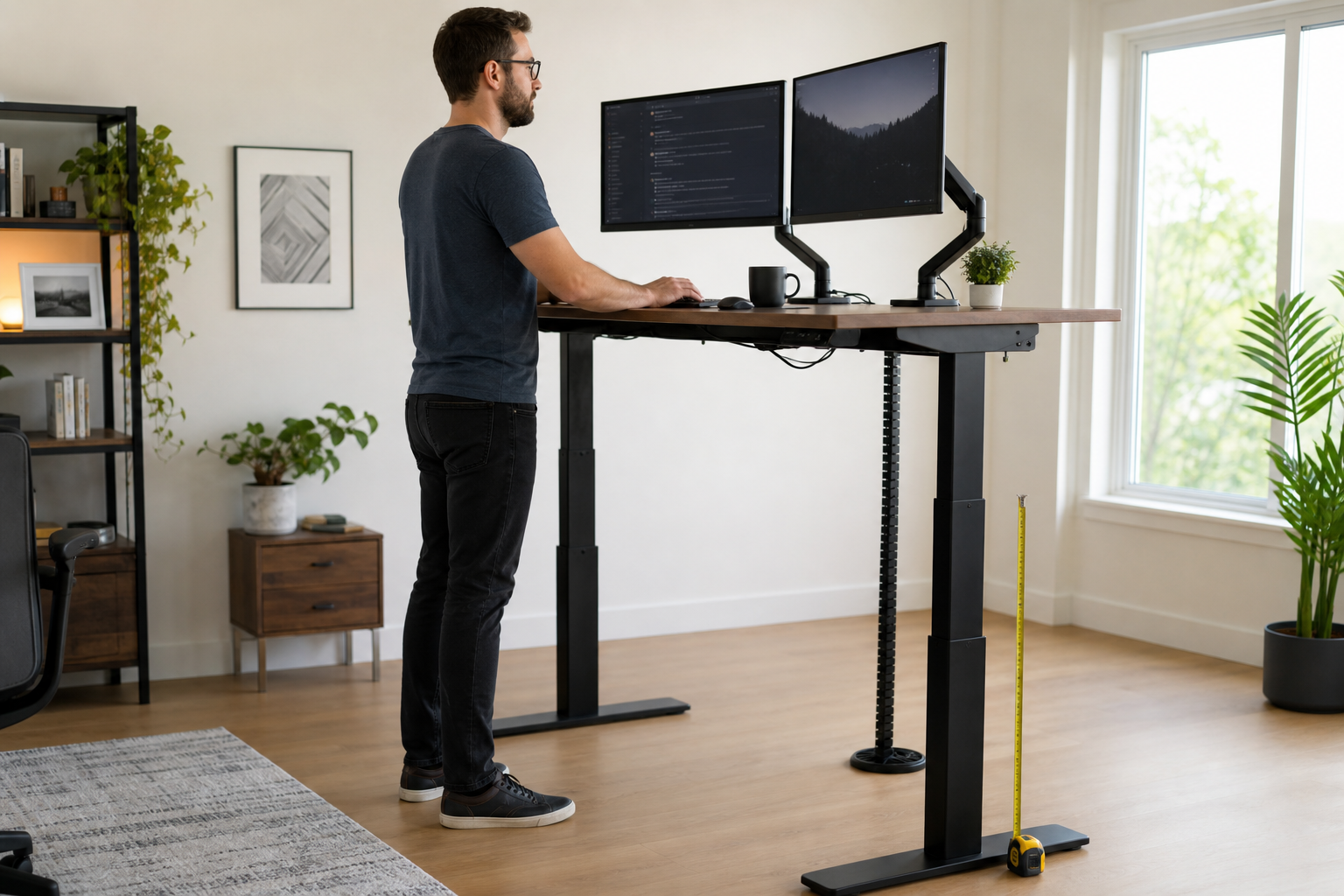 Tall user comparing standing desk height with dual monitors