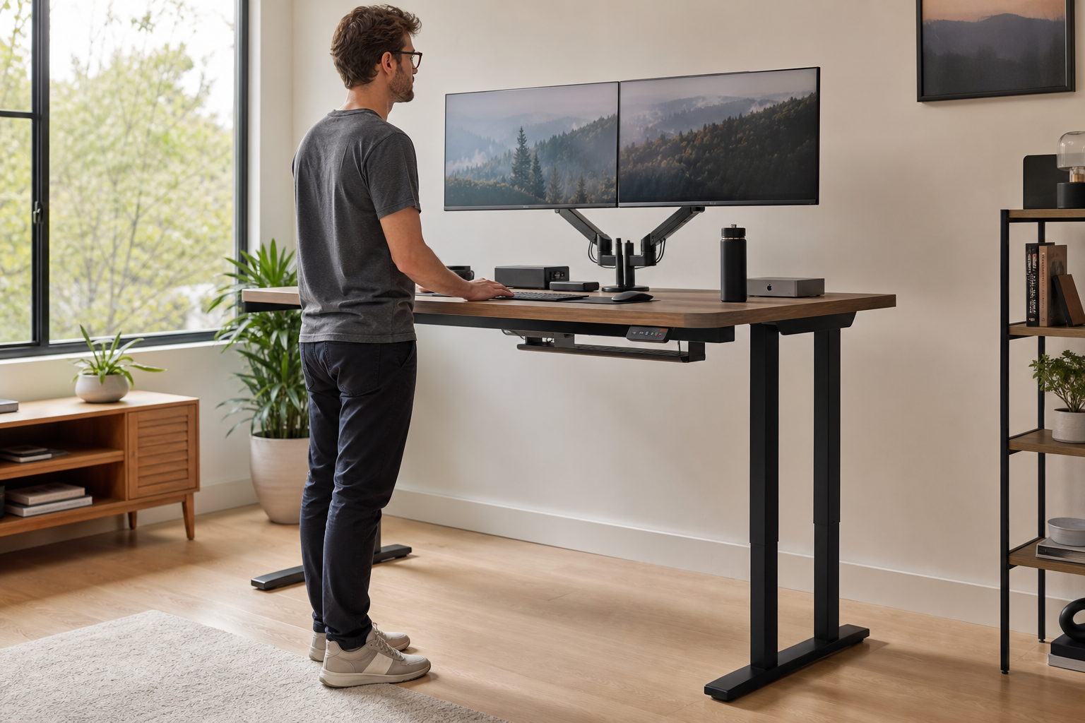 Tall user working at a stable four-leg standing desk with dual monitors